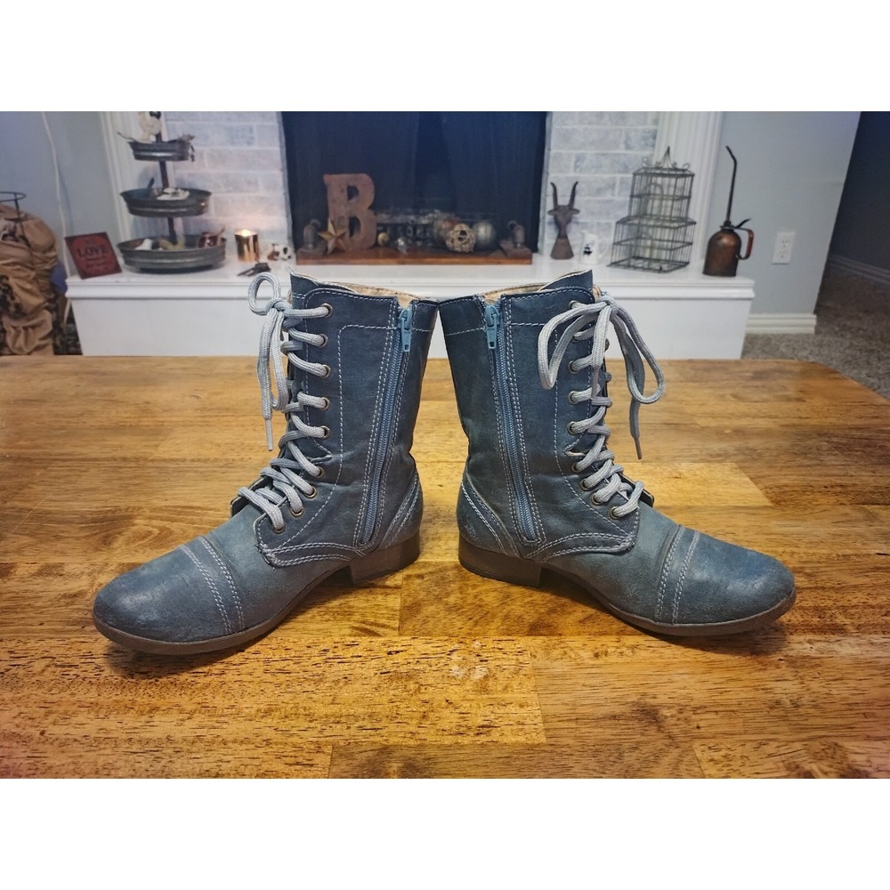 Candies‎ Boho Chic Canash Blue Vegan Leather Boots Cottagecore Mid Calf